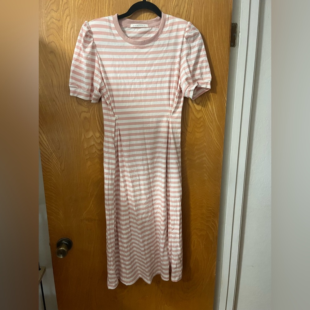 Chinstudio Pink and White stripe Puff Sleeve Maxi Dress S